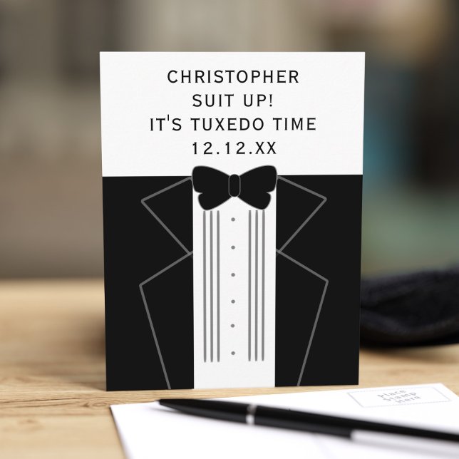 Carte Postale Tuxedo Mariage Bow Cravate Groomsman Proposition C (Suit up! It's tuxedo time! A fun postcard to send to any member of your wedding party)