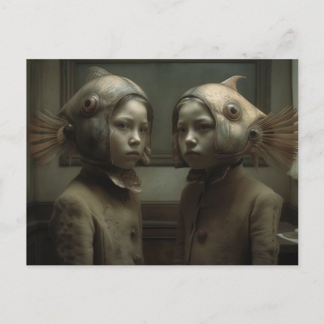 Carte Postale Twin With Fish on Heads Horror AI Art (Devant)