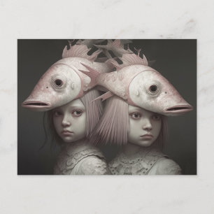 Carte Postale Twin With Pink Fish on Heads Horror AI Art