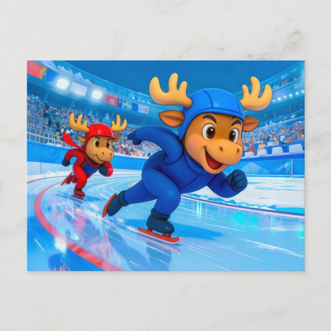 Carte Postale Two Moose Speed Skating on an Icy Track (Devant)
