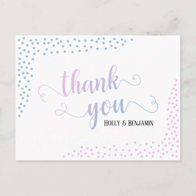 Carte Postale Typographie de confettis bleus roses pour remercie (Devant)