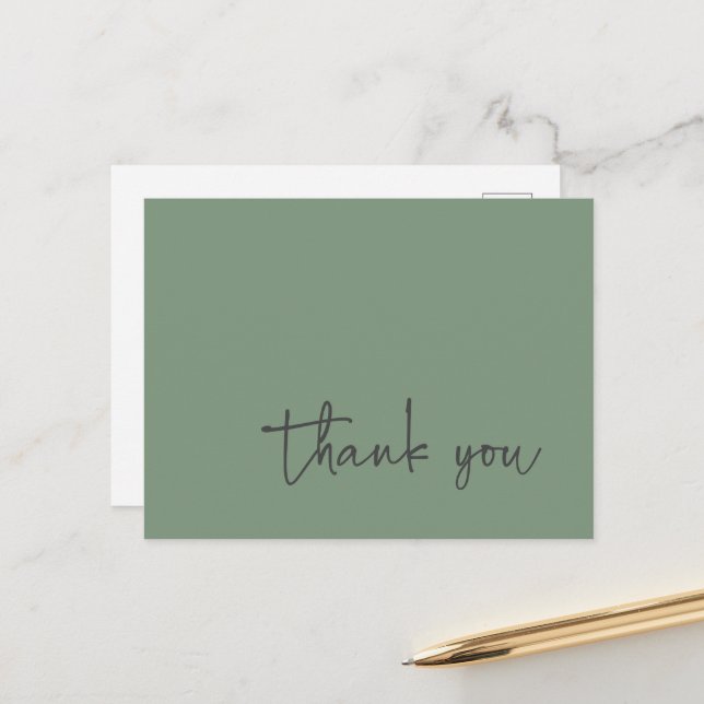 Carte Postale Typographie de script décontracté Vert sauge Merci (Devant/Arrière en situation)