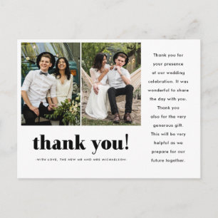 Carte Postale Typographie du Merci Mariage fantastique Deux phot