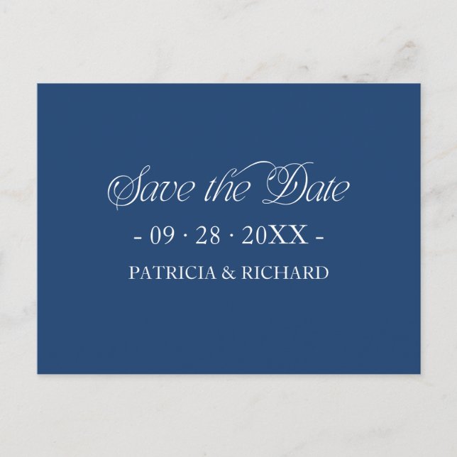Carte Postale Typographie Minimaliste Bleue Enregistrez la Date (Devant)