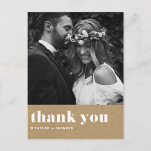 Carte Postale Typographie rétro Kraft Papier Mariage Merci
