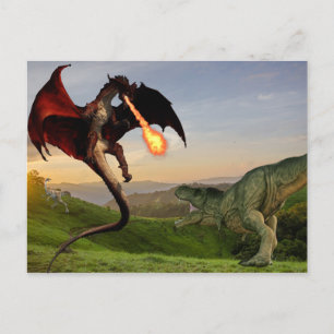 Carte Postale Tyrannosaurs Vs Red Fire Respiration Dragon Batail