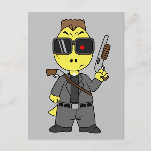 Carte Postale Tyrannosaurus Rex déguisé en Terminator. (Devant)