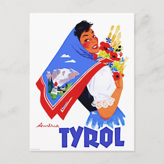 Carte Postale Tyrol, Autriche.Femme avec fleurs et foulard peint (Devant)