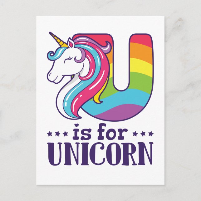 Carte Postale U est pour Unicorn Alphabet (Devant)