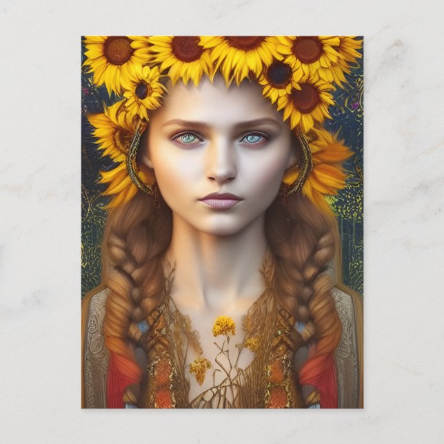 Carte Postale Ukrainienne fille d'amulettes et de tournesols Art (Devant)