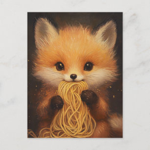 Carte Postale Un adorable bébé renard rouge mangeant des spaghet