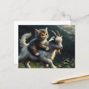 Carte Postale Un adorable chat chevauchant une chèvre