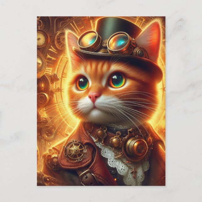 Carte Postale un adorable chat gingembre steampunk (Devant)