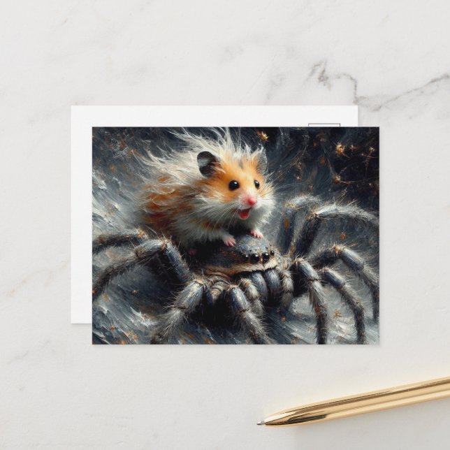 Carte Postale Un adorable hamster chevauchant une araignée géant (Devant/Arrière en situation)