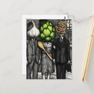 Carte Postale Un ail, un artichaut et une fourchette à spaghetti
