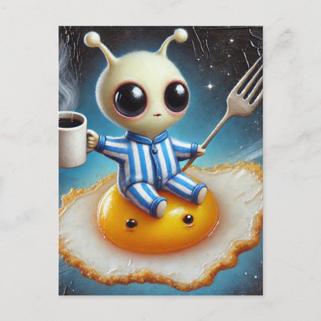 Carte Postale Un Alien amusant sur un oeuf frit dans l'espace (Devant)