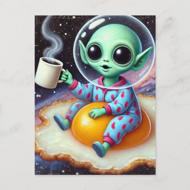 Carte Postale Un Alien amusant sur un oeuf frit dans l'espace (Devant)