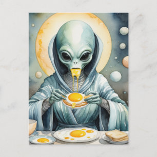 Carte Postale Un Alien Drôle Mange Des Oeufs Frits Jaunes Roulan