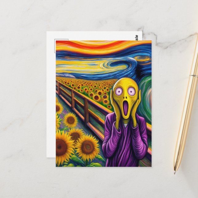 Carte Postale Un Alien hurle des tournesols (Devant/Arrière en situation)