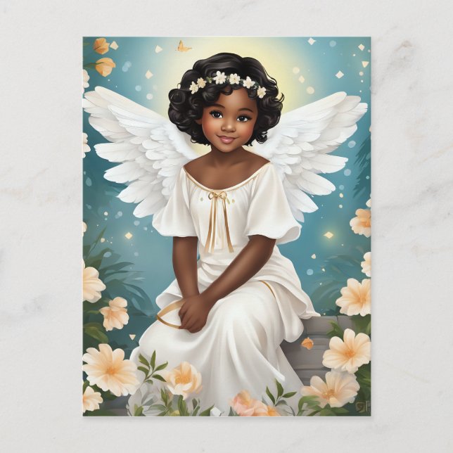 Carte Postale Un ange noir entouré de fleurs (Devant)
