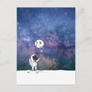 Carte Postale Un astronaute dans l'espace avec un ballon de lune