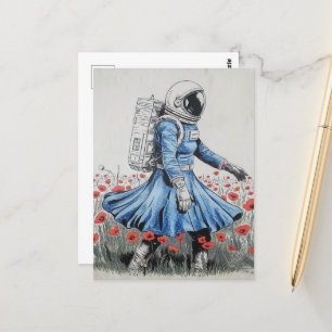 Carte Postale un astronaute en robe bleue se promenant dans des