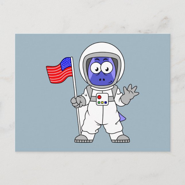 Carte Postale Un astronaute parasaurolophus tient le drapeau amé (Devant)