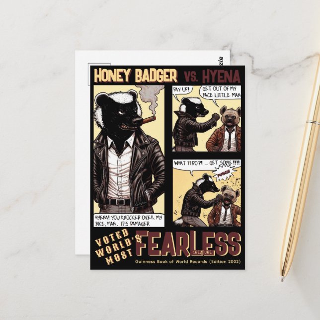 Carte Postale Un Badger de miel sans peur combat une Hyena (Devant/Arrière en situation)