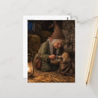 Carte Postale Un beau gnome nourrissant un chaton roux