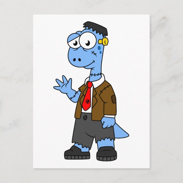 Carte Postale Un Brontosaur Dessiné, Habillé Comme Frankenstein. (Devant)