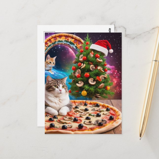 Carte Postale Un chapeau de Noël amusant Pizza Cats (Devant/Arrière en situation)