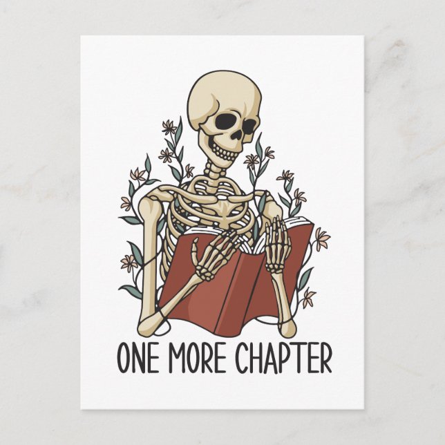 Carte Postale "Un chapitre de plus" Livre de lecture Skeleton (Devant)