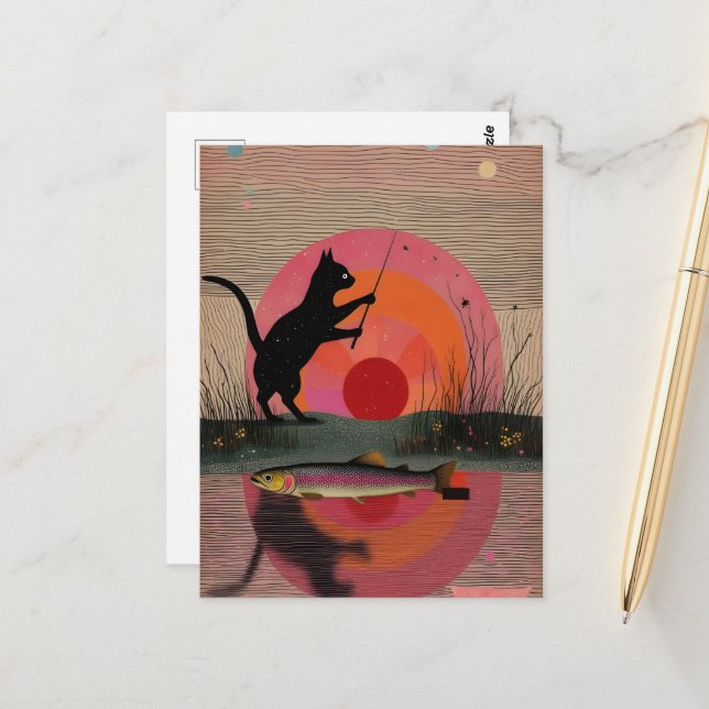 Carte Postale Un chat à pêche (Devant/Arrière en situation)