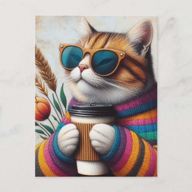 Carte Postale Un Chat Adorable Avec Café (Devant)