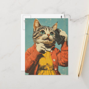 Carte Postale Un chat adorable de style rétro sur son téléphone
