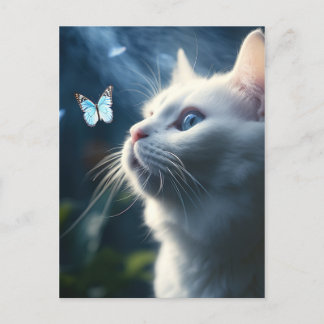 Carte Postale Un chat blanc aux yeux bleus regarde un papillon