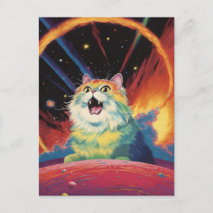 Carte Postale Un Chat Blanc Fluffé dans l'espace