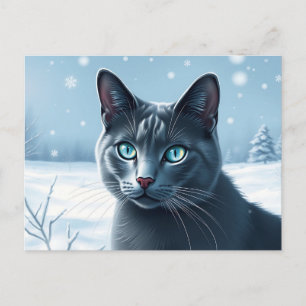 Carte Postale Un chat bleu russe serein dans un hiver neige pais