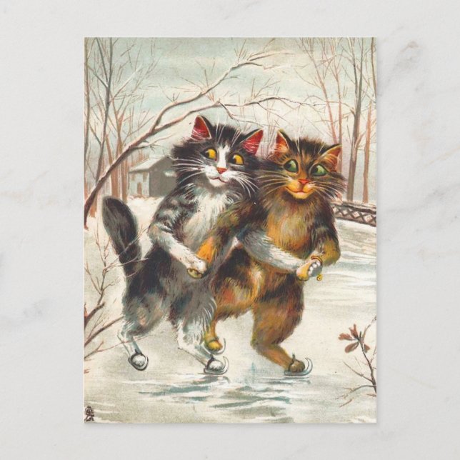 Carte Postale Un Chat Couple Patinage sur glace (Devant)