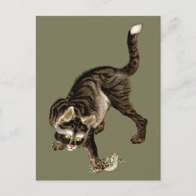 Carte Postale Un chat japonais attrape une grenouille (Devant)