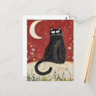 Carte Postale Un chat noir adorable dans l'art folklorique