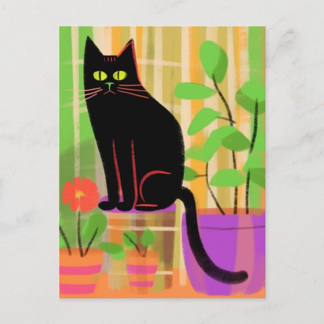 Carte Postale Un Chat Noir Avec Chaise Plaid Pour Usines Ménagèr (Devant)