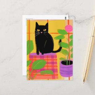 Carte Postale Un Chat Noir Avec Chaise Plaid Pour Usines Ménagèr