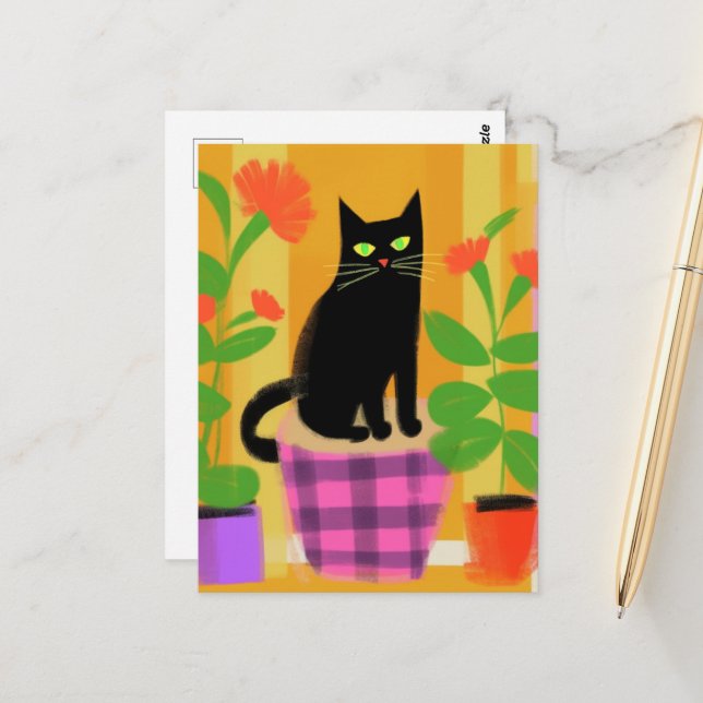Carte Postale Un Chat Noir Cute Avec Plante (Devant/Arrière en situation)