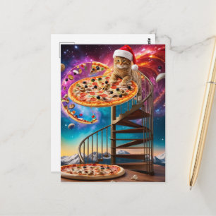 Carte Postale Un chat pizza de Noël surréaliste portant un chape