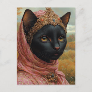 Carte Postale Un chat royal noir en Robes roses et Couronne d'or
