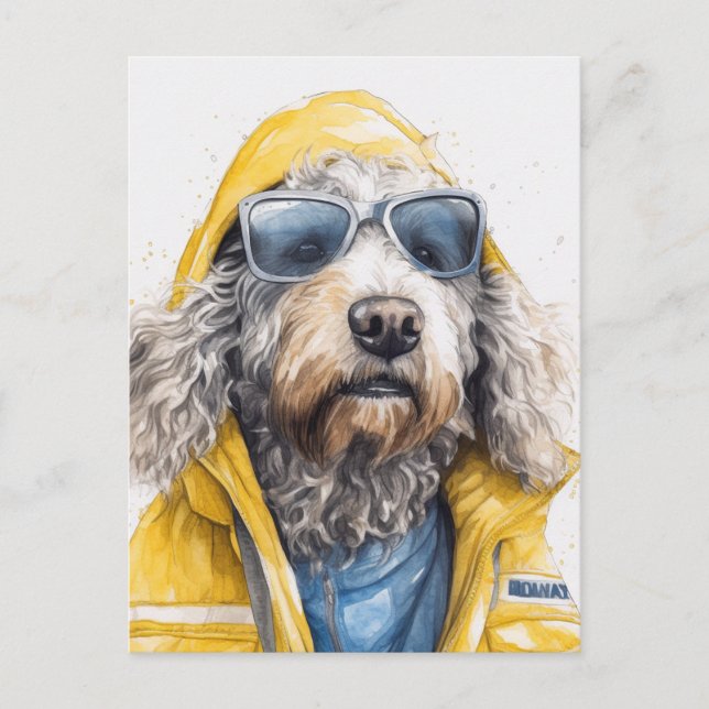 Carte Postale Un chien adorable en imperméable jaune (Devant)