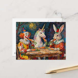 Carte Postale Un clown, une licorne et un lapin mangeant des car