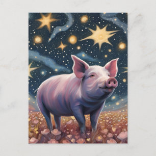 Carte Postale Un cochon dans la nuit étoilée