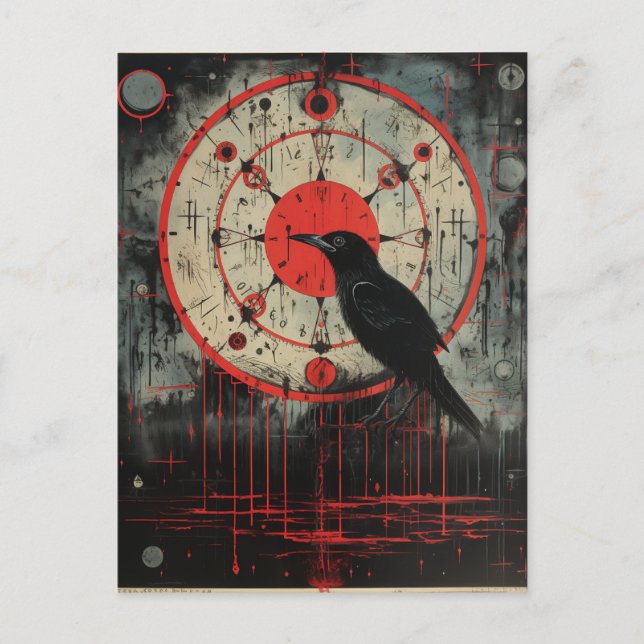 Carte Postale Un Corbeau Rouge Noir Horreur Art (Devant)